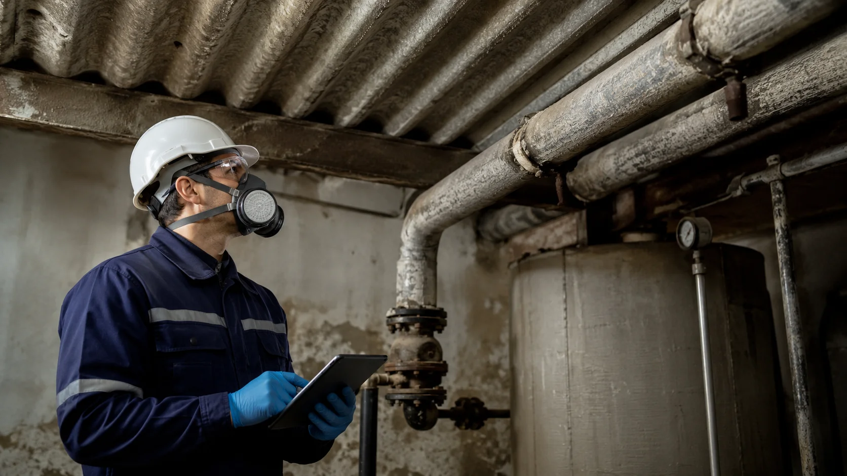 Técnico especializado inspeccionando fibrocemento deteriorado para evaluar el riesgo de amianto.