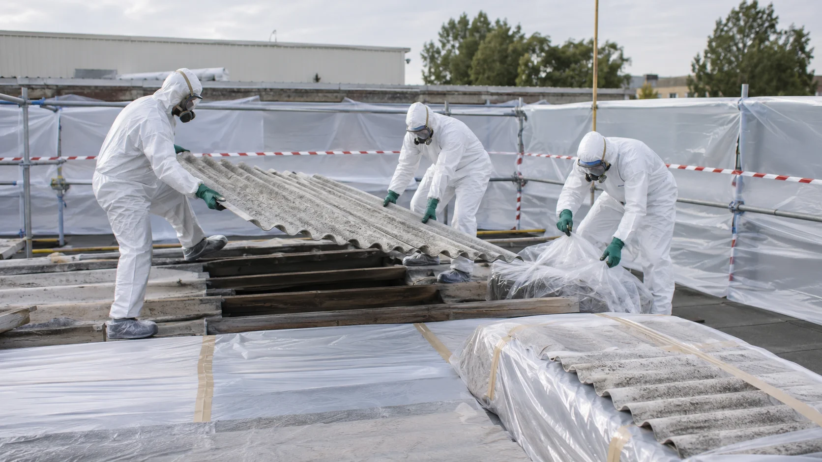 Empresa autorizada para la retirada de amianto con técnicos equipados en una zona de trabajo controlada.