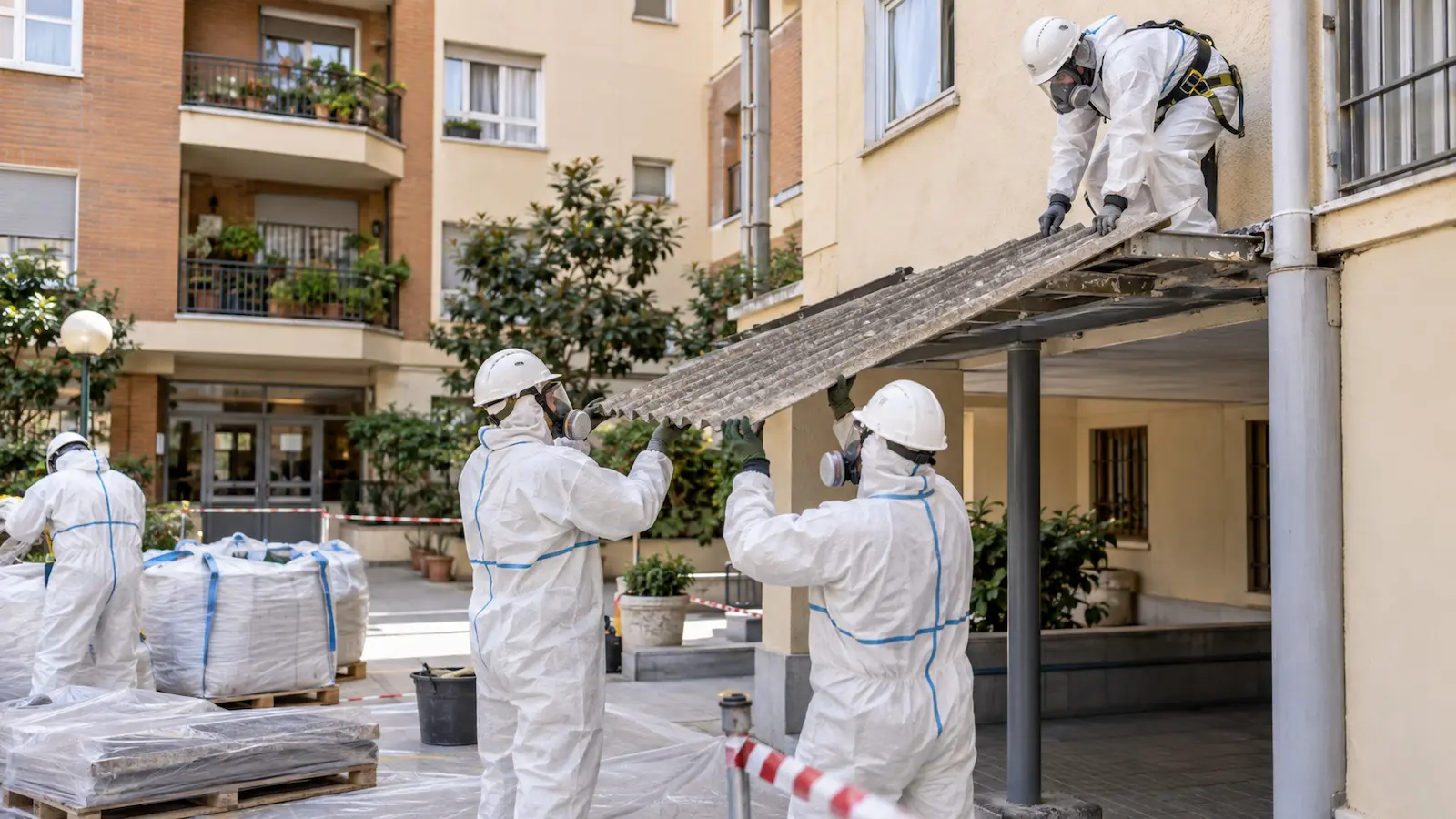 Operarios retirando placas de fibrocemento de un edificio
